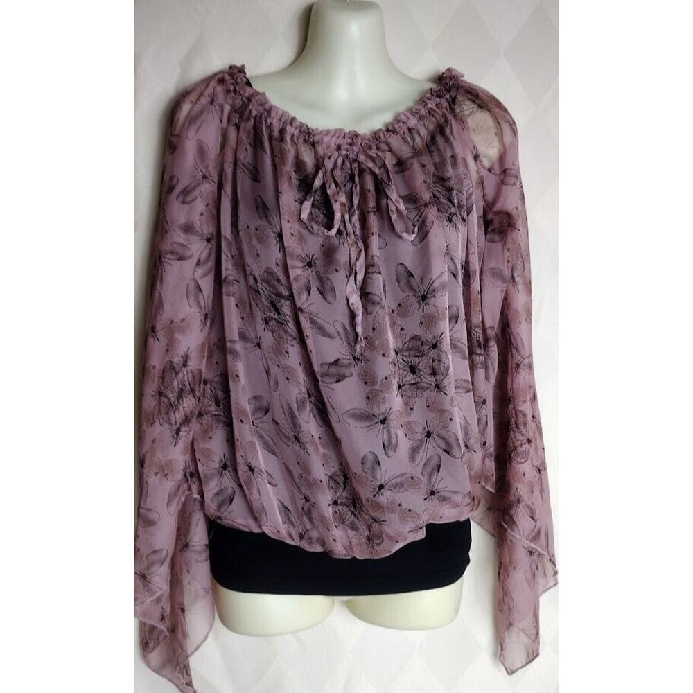 Rachael and Chloe Sheer Long Sleeve Cropped Off Shoulder Top, Sz S, Pink/Black